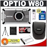 Pentax Optio W80 Waterproof Digital Camera (Gunmetal Gray) + 16GB Card + Spare D-LI78 Battery + Case + Accessory Kit