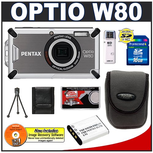 Pentax Optio W80 Waterproof Digital Camera (Gunmetal Gray) + 16GB Card + Spare D-LI78 Battery + Case + Accessory Kit