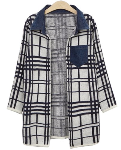 (イイネショップ) eeNeshop デニム 切替 ランダム チェック カーディガン