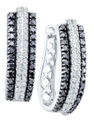 1.03 cttw 14k White Gold Black Diamond and White Diamond Huggie Hoop Earrings (Real Diamonds: 1.03 cttw)