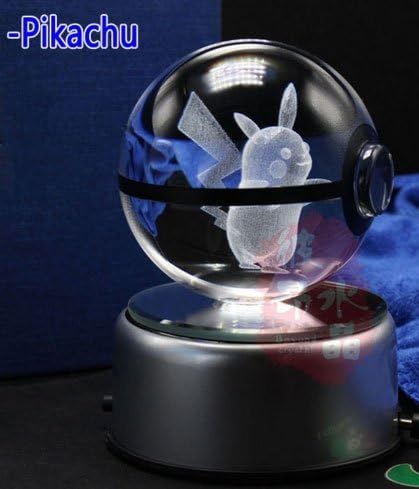 Crystal Pokemon Ball with Pokemon inside 3D > Pikachu < Crystal ball Size 3.2 inch + LED Light with Rotate Base