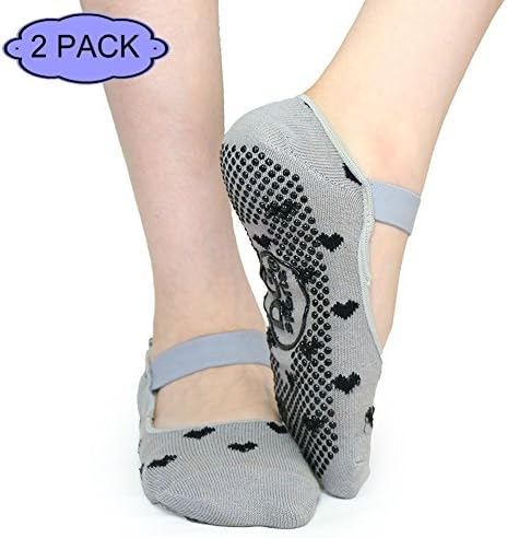 Yoga Socks Mary Jane Bella with Grips S/M 2- PACK (Gray  w/ Hearts)
