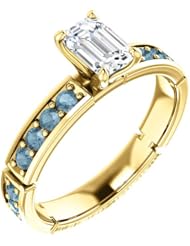14K Yellow Gold Emerald Cut White and Blue Diamond Ring -- LIFETIME WARRANTY