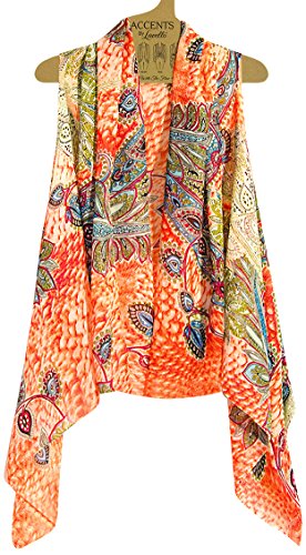 Accents by Lavello Sheer Designer Vest, Peach/Orange/Turquoise Crewel