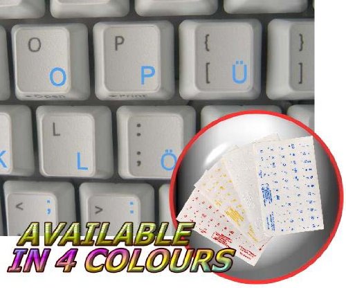 GERMAN KEYBOARD STICKER WITH BLUE LETTERING TRANSPARENT BACKGROUND
