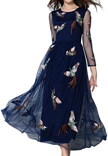 Women's Vintage 3/4 Sleeve Round Neck Embroidered Retro Casual Blue Long Dress