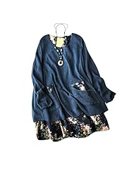 Winter General Print Cotton/Linen/Knit Round Neck Sweater Midi Dress 