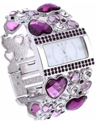 Women Quartz Wristwatch Bracelet Silver Alloy Band Purple Rhinestone Heart