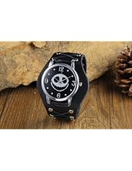 Youyoupifa Black Dial Unisex Brilliant Smiling Face Skull Leather Band Quartz Wrist Watch