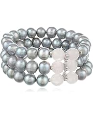 Sterling Silver Rose Quartz and Grey Freshwater Cultured Pearl Bracelet, 8"