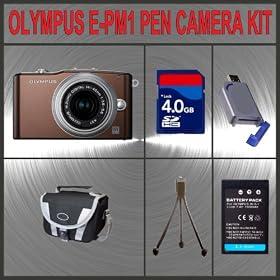 Olympus PEN E-PM1 Digital Camera (Brown) W/14-42mm Lens + Huge Accessories Package Including 4GB SDHC Memory Card + High Capacity PS-BLS-1 Replacement Lithium-Ion Battery + Hi-Speed SD Card Reader + Carrying Case + Table Top Tripod Kit