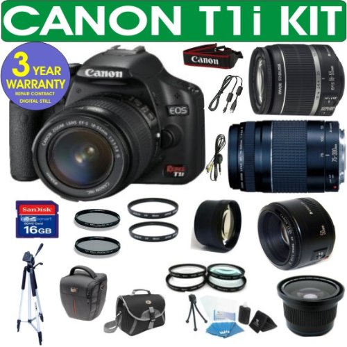 Canon Rebel T1i Digital Camera + Canon 18-55 Zoom Lens + Canon 75-300 Telephoto Zoom Lens + Canon 50mm Lens + .40x Super Wide Angle Fisheye Lens + 2x Telephoto Lens + 4 Piece Macro Kit + 16GB Memory Card + 3 Year Celltime Warranty