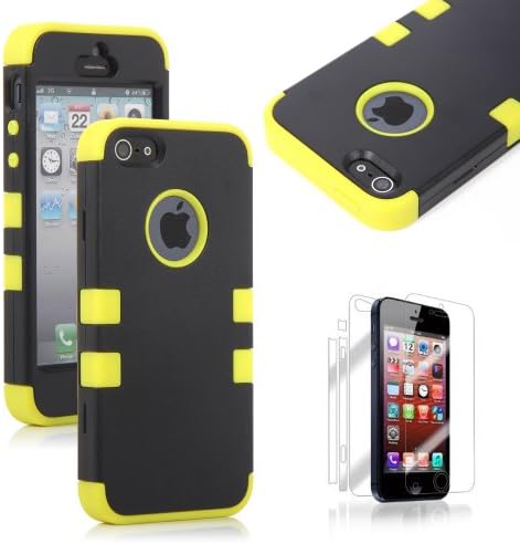 ATC Masione(TM) Hard Impact Resistance Case Rubberized Silicone Hybrid Case Cover with Kickstand For Apple iPhone 5 5G With Screen Protector & Stylus Pen (Black+Yellow)