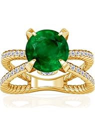 18K Yellow Gold Round Cut Emerald Ring With Sidestones (GIA Certificate)