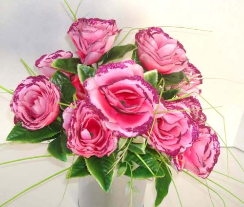 12 Pink Rose Artificial Silk Flowers Bouquet