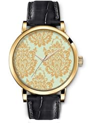 SPRAWL Aanalog Fashion Series Gold Ladies Watches of Genuine Black Leather Strap,Unique Wrist Watch for Women Girls Designed with Old yellow flower on light blue background
