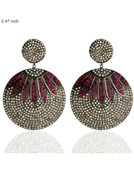 14kt Gold Diamond Pave Gemstone Round Dangle Earrings Silver Designer Jewelry