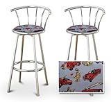 2 Fireman Blue Fabric Specialty / Custom Chrome Barstools with Backrest Set ....