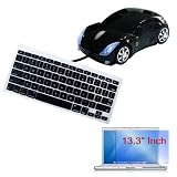 Black Soft Keyboard Silicone Cover + Clear Screen Protector + Black USB Car Mouse for Apple Macbook 13.3" Laptop