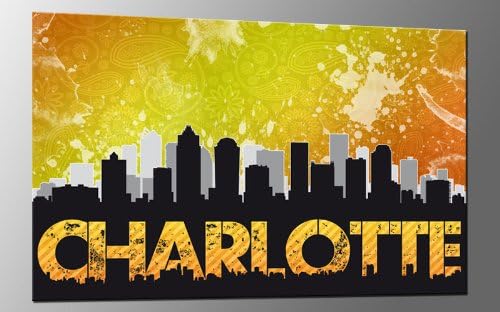 DIGITAL ART XL Artwork CHARLOTTE RETRO WALL 47x31,5 inch USA CITY SKYLINE A01853 Canvas Art Ready to Hang Framed Wall Art Decor Hand-made with Love, Cheaper than Oil painting Wallprint LIVING STYLE FINE ART PRINT MADE IN GERMANY