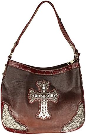 Western Themed Cross and Rhinestone Accented Handbag - 10 Inch Drop Length Purse (Coffee &amp; Maroon)