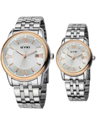 EYKI 8698 Couple Watches Quartz Waterproof Wristwatches for Lovers Pair in Package White Dial and Stainless Steel Band