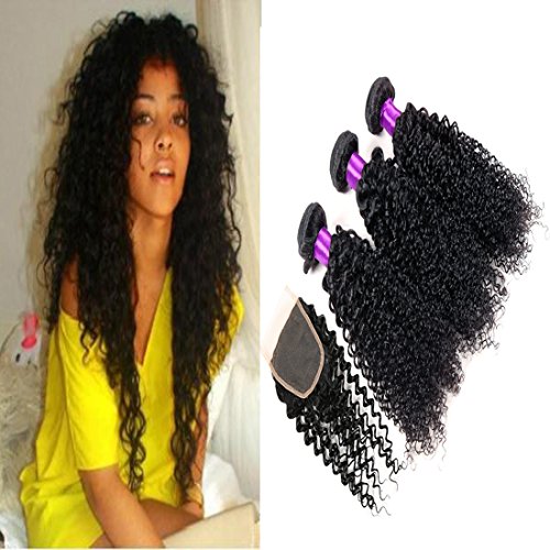 Queen Plus Hair 7a Unprocessed Human Hair Extensions Peruvian Curly Virgin Hair Weave Natural Color Curly Weave 3 Mix Length Hair Bundles with Lace Closure