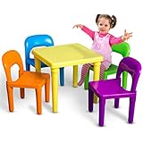 Children and Kids Table and Chairs Set | Includes 4 Plastic Chairs and 1 Art Craft Study Activity Table - Living Room Furniture - Picnic Table - Educational Learning Set - BPA FREE