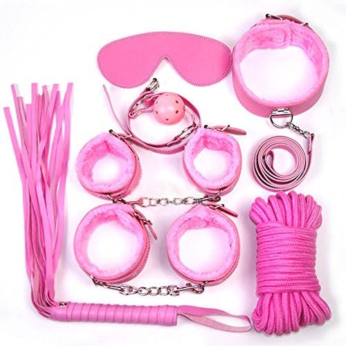 MyNice Adult Game Sex Set Handcuffs Gag Nipple Clamps Whip Collar Erotic Toy PU Leather Sex Bondage Restraint for Couples(7pcs,pink)