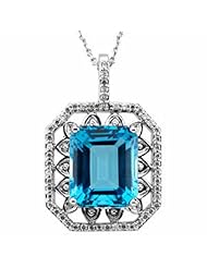14K White Gold Emerald Cut Swiss Blue Topaz and Diamond Pendant -- LIFETIME WARRANTY