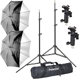 Polaroid Pro Studio Digital Flash Umbrella Mount Kit, Includes: Two (2) Air-Cushioned Heavy Duty Light Stands, Two (2) White Satin Interior Umbrella with Removable Black Cover, Two (2) Umbrella Adapters, One (1) Deluxe Pro Case