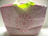 Two's Company - Chantilly Chic Thermal Tote, Insulated Lunch Bag, Cooler, Pink with White Design