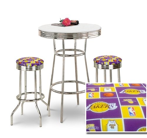Chrome Bar Table & 2 Chrome Los Angeles Lakers NBA Fabric Seat Barstools