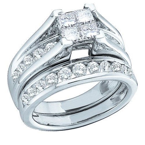 14k White Gold Princess & Round Invisible Diamond Ladies Bridal Ring Set Engagement Set (1.00 cttw, H-I Color, I1 Clarity)