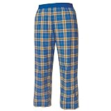 Royal (French) Blue and Gold (yellow) tartan plaid check flannel cotton pants for lounging, sleep, sports. Unisex relaxed fit, available in 3 Youth sizes, exposed elastic waist