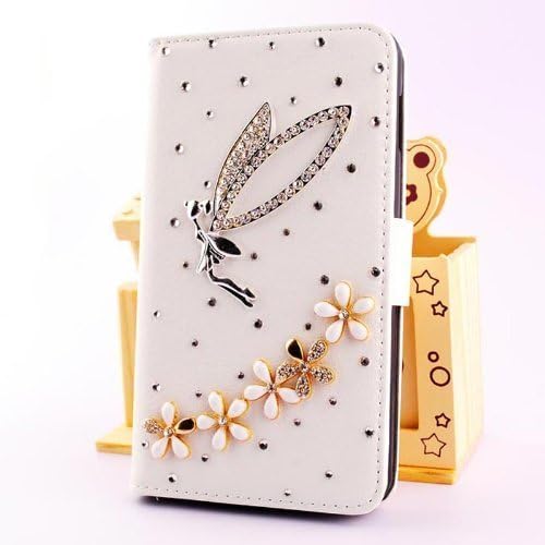 IPhone 6 Wallet Case,doopoo (TM) White Luxury Cute 3D Handmade Fashion Bling Girl Woman Diamond Sparkle Glitter Crystal Rhinestone PU Leather Flip Wallet Purse with Credit Card Slots Case Cover for Iphone 6 (4.7 Inch) (Iphone 6, White Angel 4 Flowers)