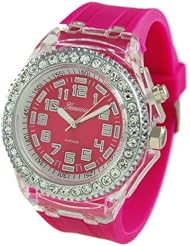 GENEVA PLATINUM Silicone Rubber CZ Light Up Watch Hot Pink
