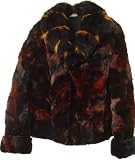 2111 Lady Sz 14 Multi Color New Real Sheared Printed Belgium Rabbit Fur Classic Short Jacket With American Opossum Fur Shawl Collar Roll Up Cuff Slash Pocket Hook Closure Lined