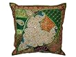 Vintage Sari Patchwork Floor Pillow Olive Beaded Cushion Cover 24 Inch