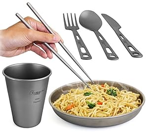 HealthPro Ultra Lightweight Super Strong Titanium Dining Set includes Mug Cup + Dish Plate + Metal Chopsticks + Knife + Spoon + Fork Cutlery Set for Camping, Hiking, Picnic, Fishing, Mountain Climbing
