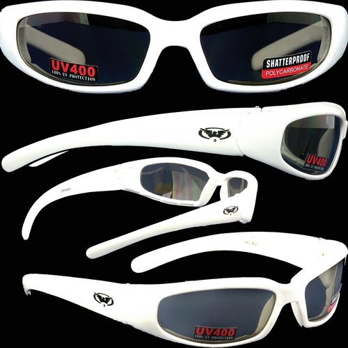 Chicago Foam Padded Sunglasses - Motorcycle/ATV/Sports Eyewear White Frame Smoked Lenses With Vented EVA Foam Padding to Protect Against Wind and Dust