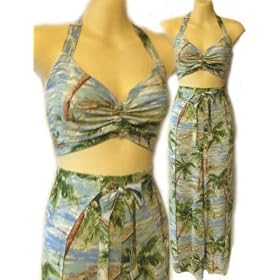 Ocean Blue Hawaiian Luau Halter Top Wrap Sarong Pants Set One Size Fits Most