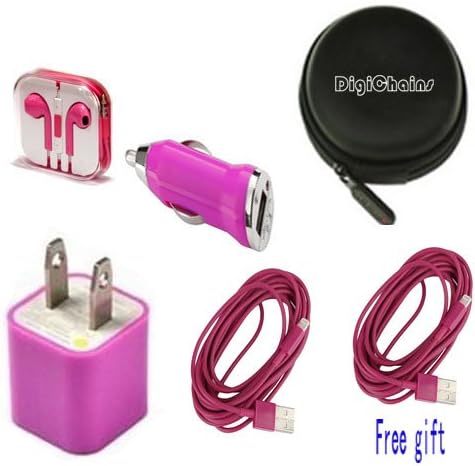 DigiChains® 5-in-1 (1pcs cable free gift) Earphone/cable Hard Case/Bag + earphone + Wall Charger + Car Charger+ 1M Length USB Sync Data / Charging White Cable for iPhone 5 / 5C / 5S iPad Mini iPod Touch 5th Gen