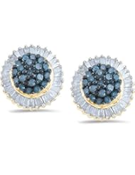 10K Yellow and White Two 2 Tone Gold Round Brilliant Cut Blue and White Diamond - Round Shape Halo Invisible & Channel Set Studs Earrings - (1.00 cttw.)