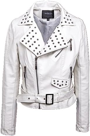 Punk Rock Women Leather Jacket With Rivets Slim Pu Leather Coat Motorcycle Female Belt Jacket (S, White)