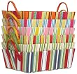 Bright Cotton Fabric Covered Striped Medium Cases with Leatherette Handles 16"x12"x5.25" Set of 6