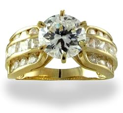 14KT Yellow Gold 3.18 CTW Round Center and Channel Set Sides CZ Ring
