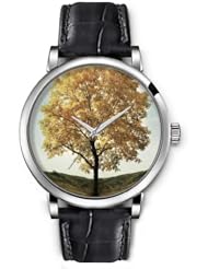 SPRAWL Aanalog Fashion Series Silver Ladies Watches of Genuine Black Leather Strap,Unique Wrist Watch for Women Girls Designed with Tree in autumn