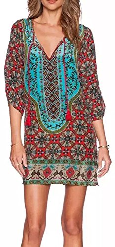 HIMONE Summer BOHO Retro Printed Casual Mini Beach Floral Tunic Dress Large