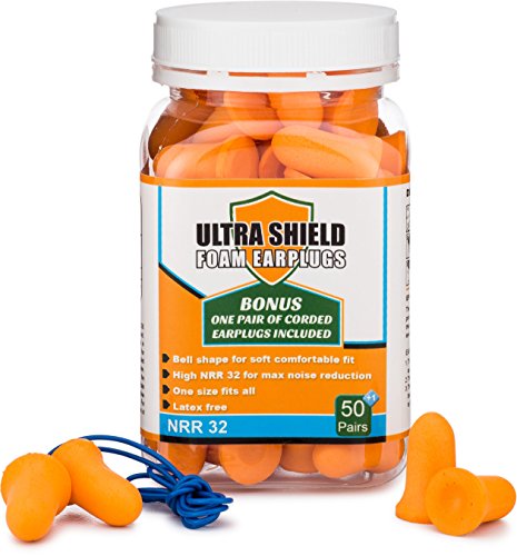 Ultra Shield Foam Earplugs, 50 Pairs + 1 Bonus Corded Pair, NRR 32 Decibels, Bell Shape Design